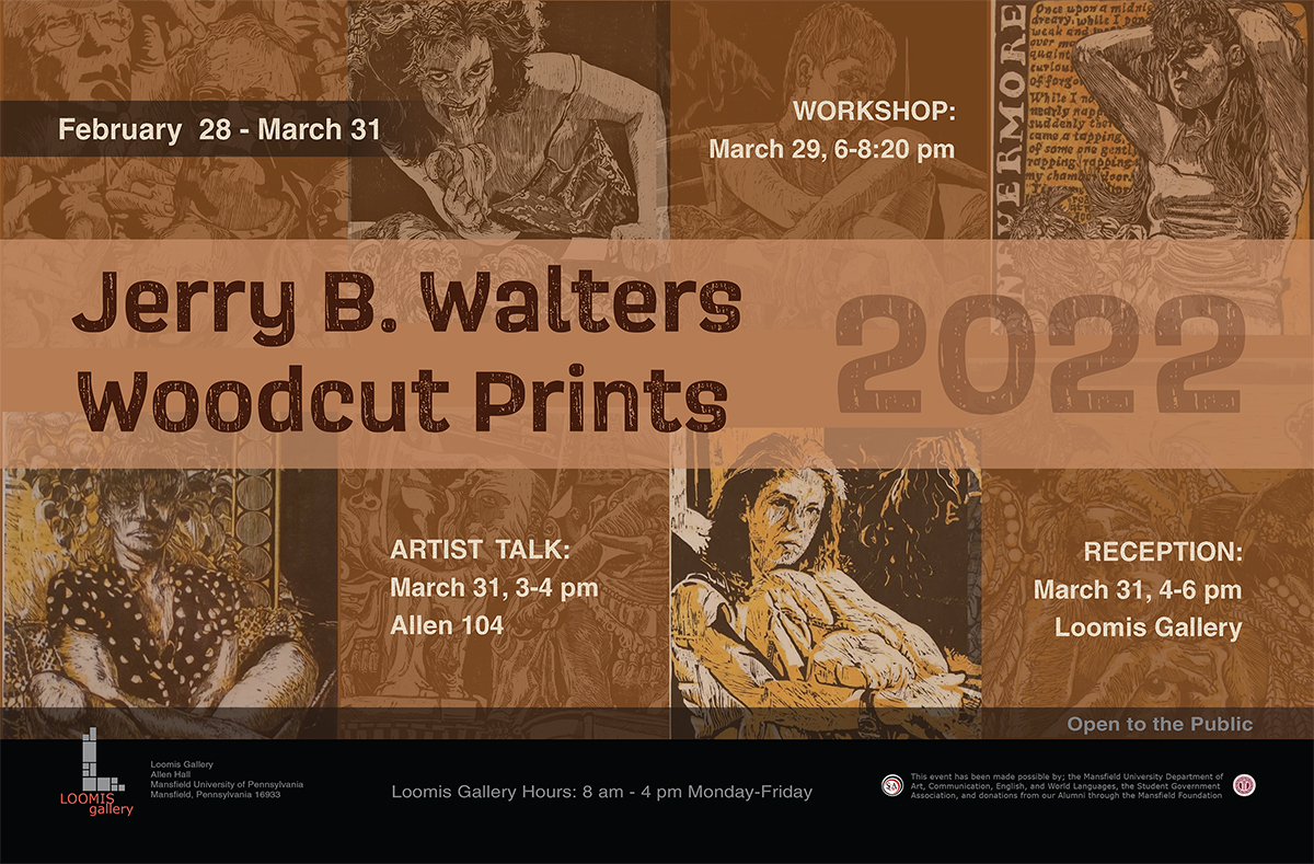 Image of Jerry B. Walters Woodcut Prints exhibition poster.